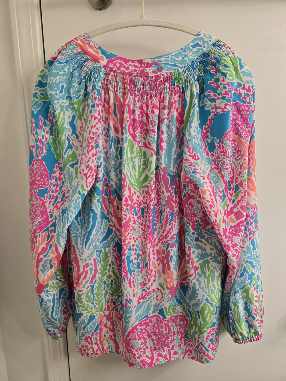 Lilly Pulitzer Elsa Silk Top Let's Cha Cha Pink Multi Coral-Print, Size L - Picture 6 of 15